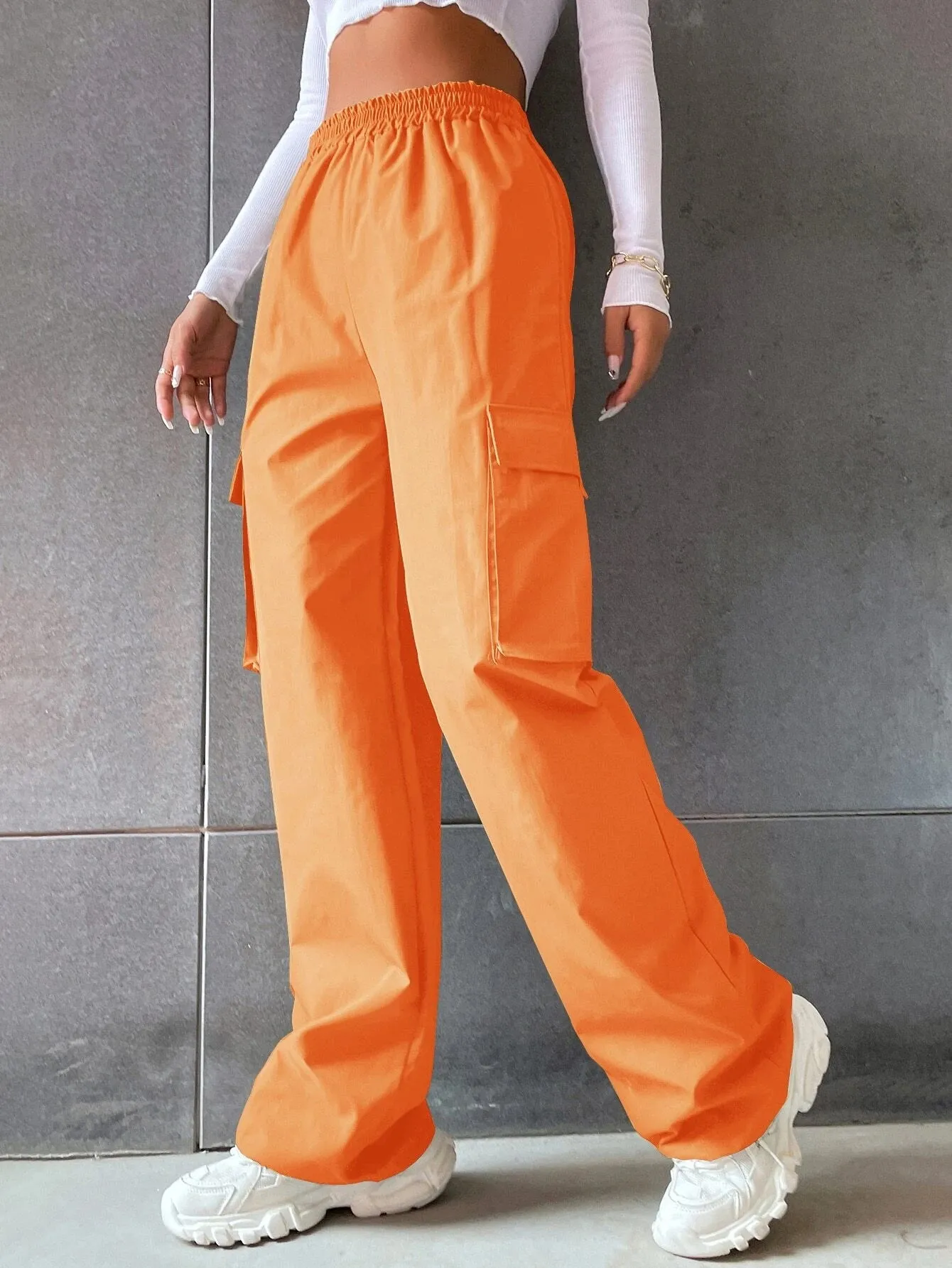 Solid High Waist Flap Pocket Cargo Pants