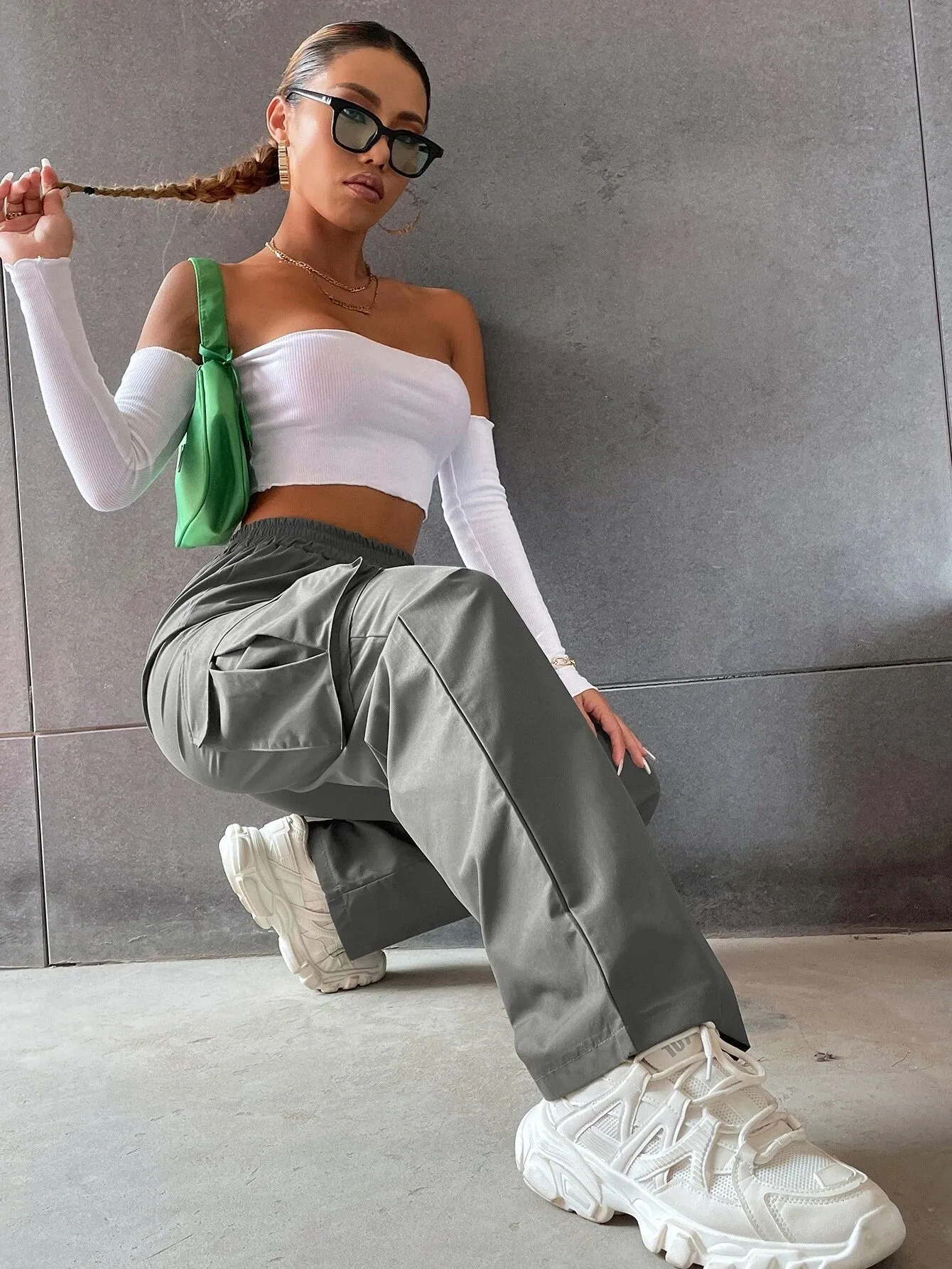 Solid High Waist Flap Pocket Cargo Pants