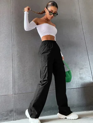 Solid High Waist Flap Pocket Cargo Pants