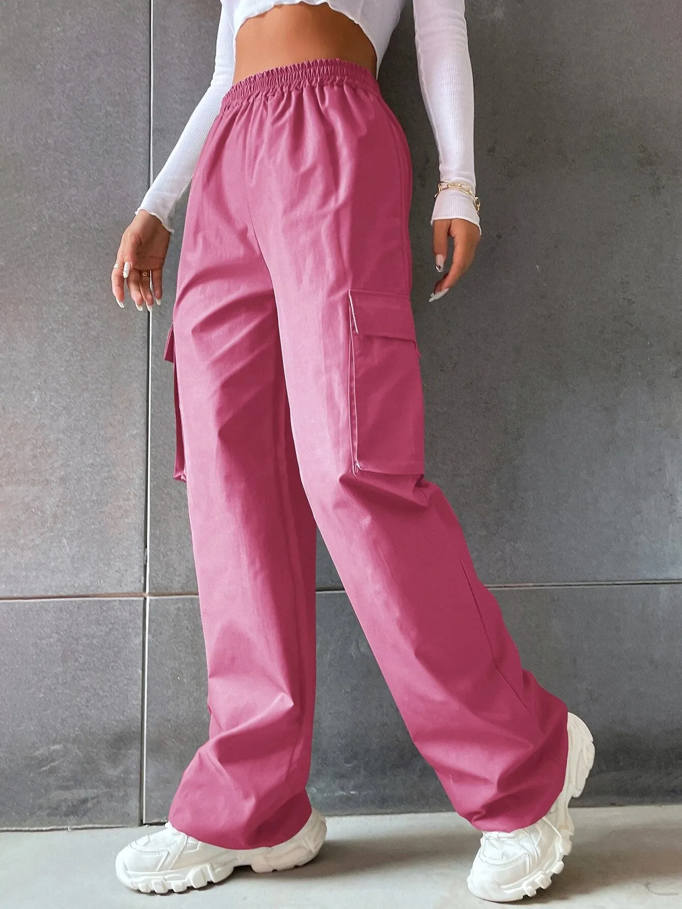 Solid High Waist Flap Pocket Cargo Pants