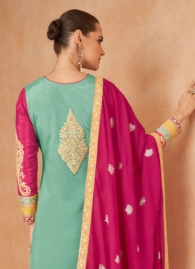 Teal And Pink Designer Embroidery Palazzo Suit