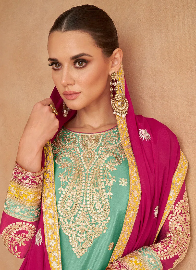 Teal And Pink Designer Embroidery Palazzo Suit