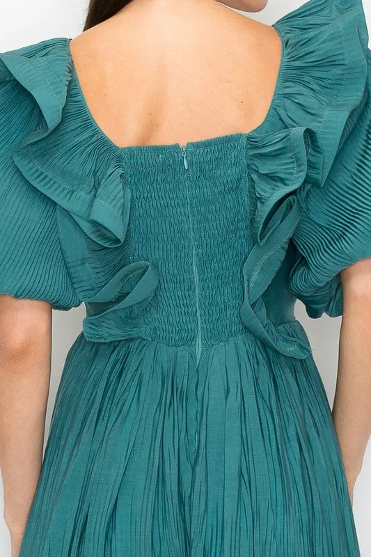 Teal Green Short Puff Sleeve Pleated Ruffle Trim Midi Dress