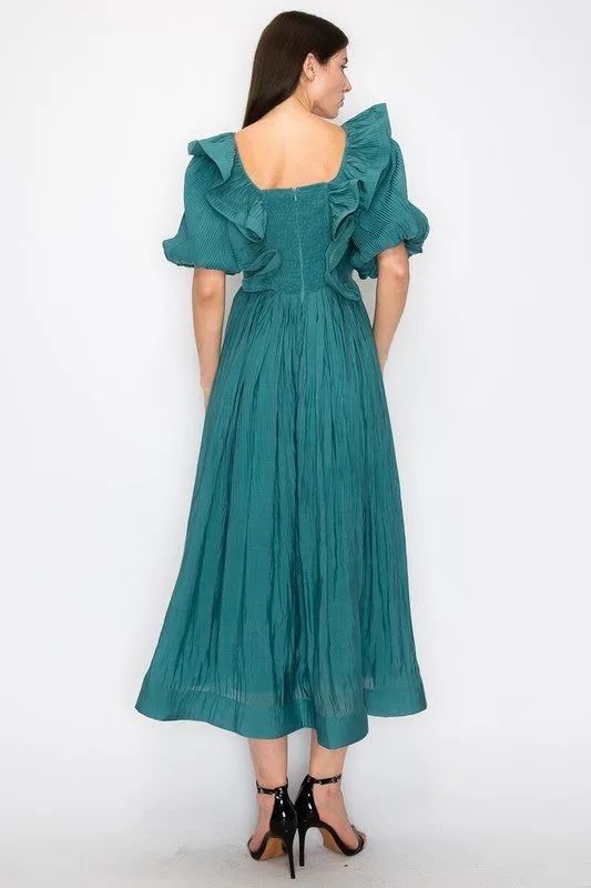 Teal Green Short Puff Sleeve Pleated Ruffle Trim Midi Dress