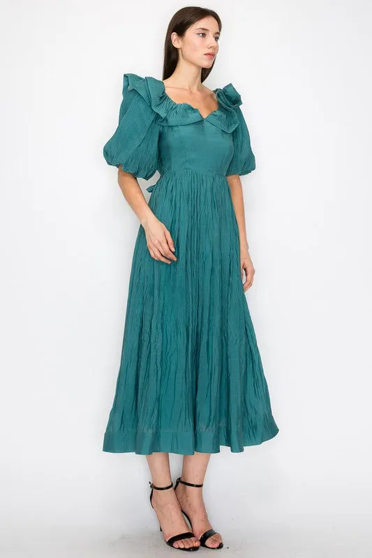 Teal Green Short Puff Sleeve Pleated Ruffle Trim Midi Dress