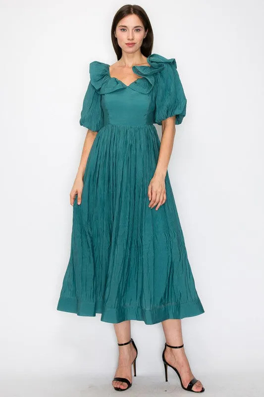 Teal Green Short Puff Sleeve Pleated Ruffle Trim Midi Dress