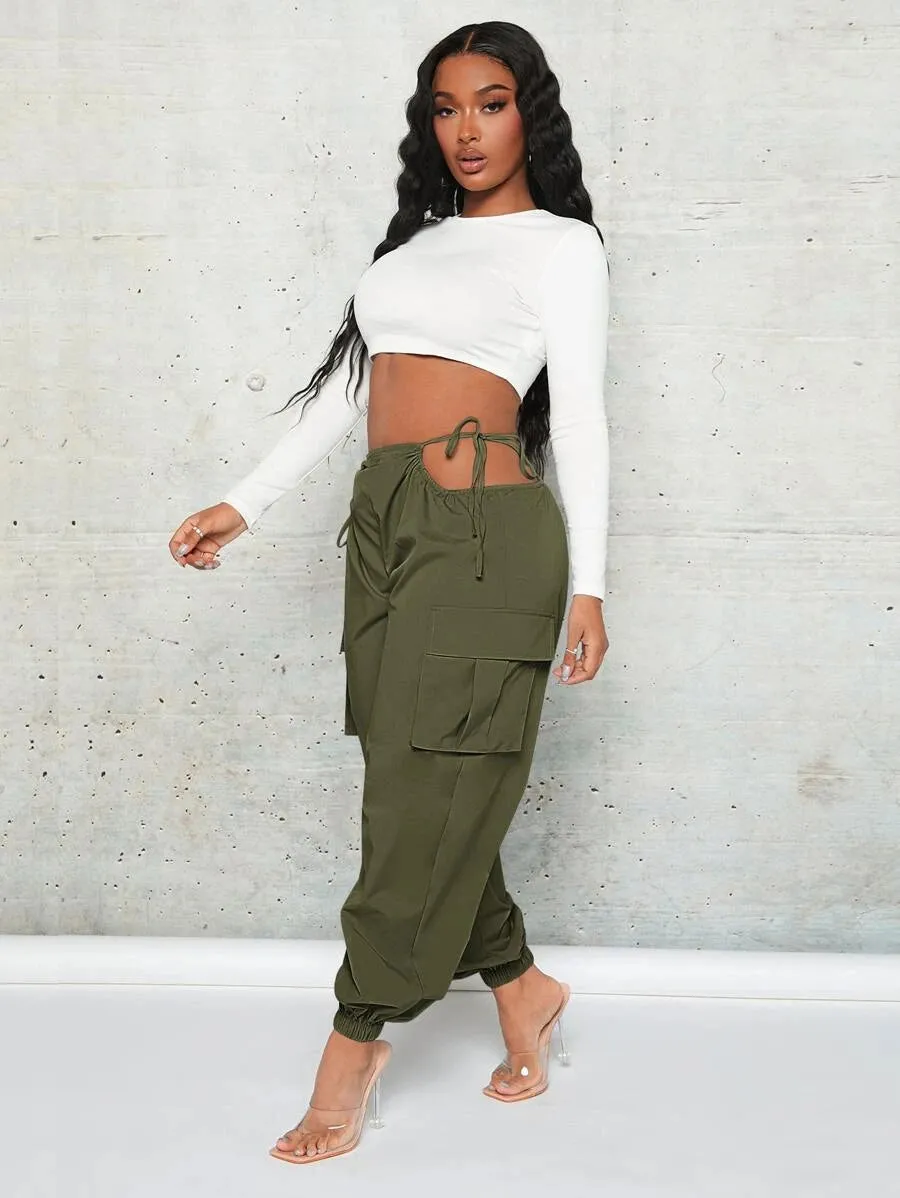 Trendy Cut Out Waist Flap Pocket Cargo Pants