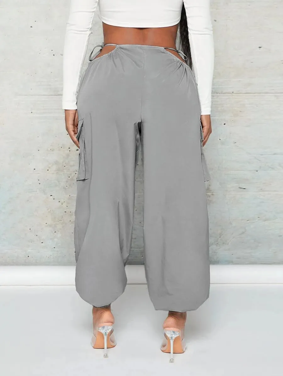 Trendy Cut Out Waist Flap Pocket Cargo Pants