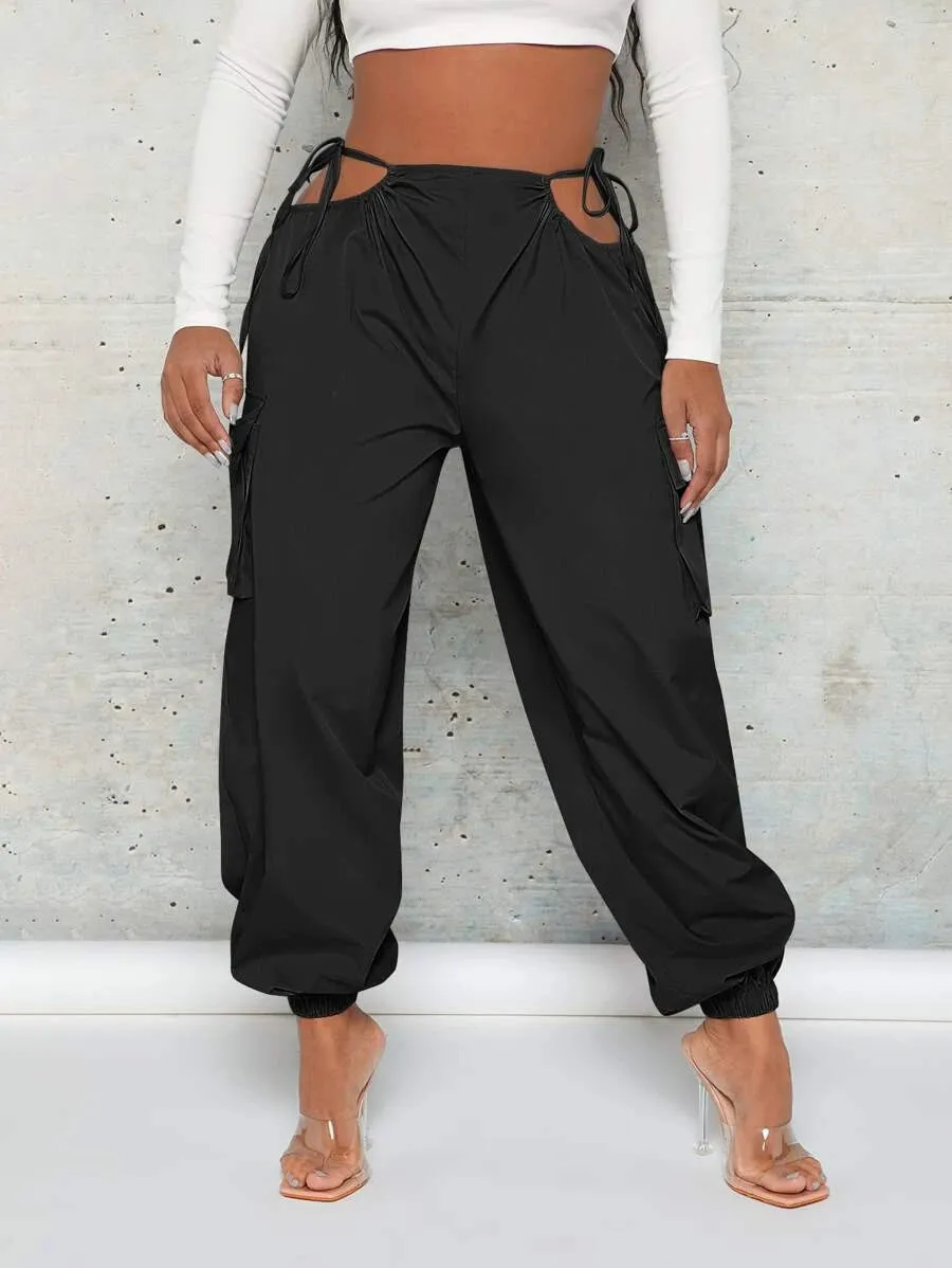 Trendy Cut Out Waist Flap Pocket Cargo Pants