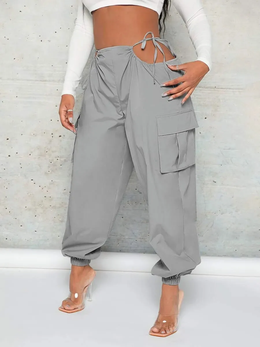 Trendy Cut Out Waist Flap Pocket Cargo Pants