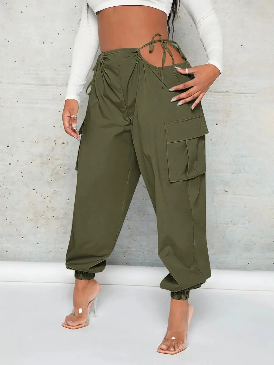 Trendy Cut Out Waist Flap Pocket Cargo Pants