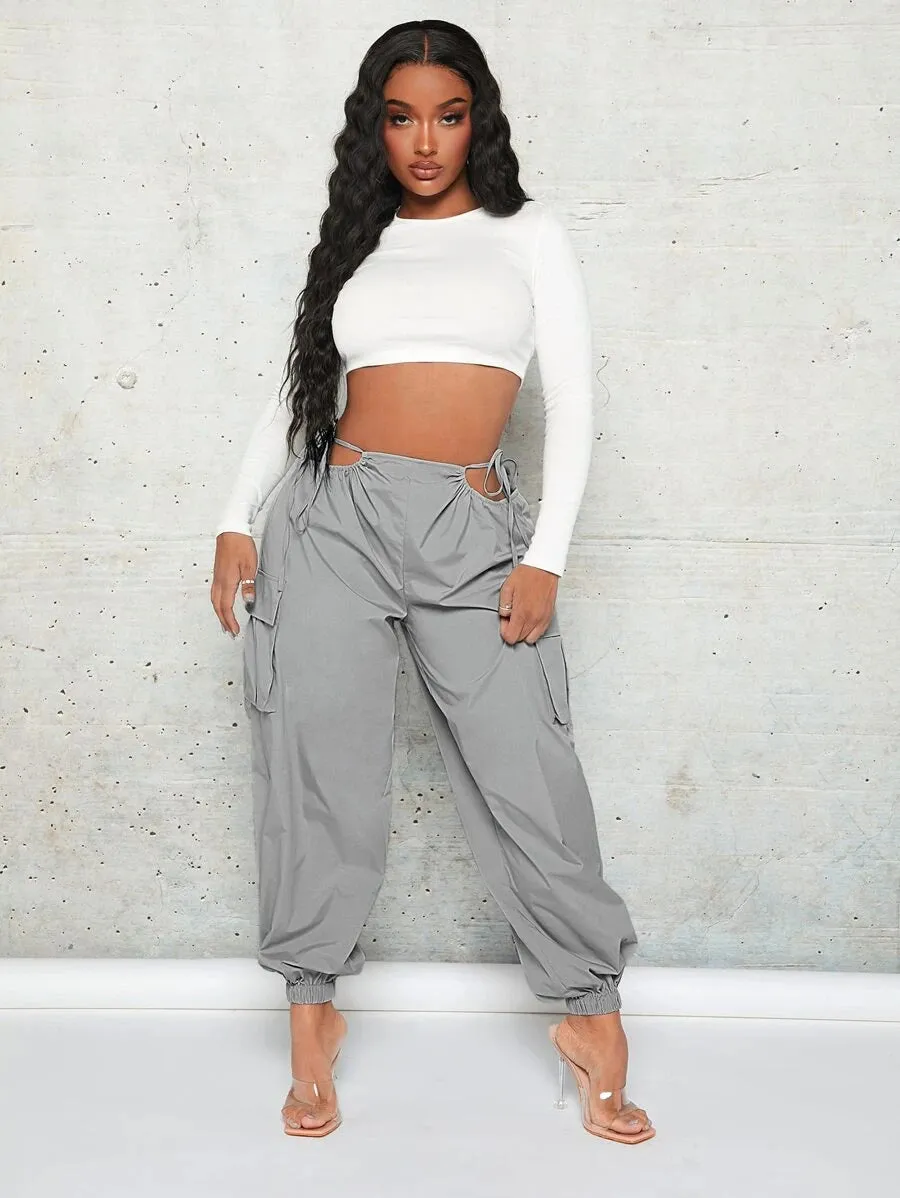 Trendy Cut Out Waist Flap Pocket Cargo Pants