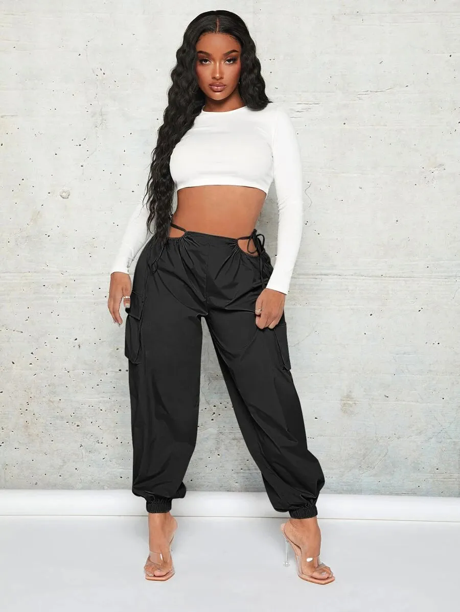 Trendy Cut Out Waist Flap Pocket Cargo Pants