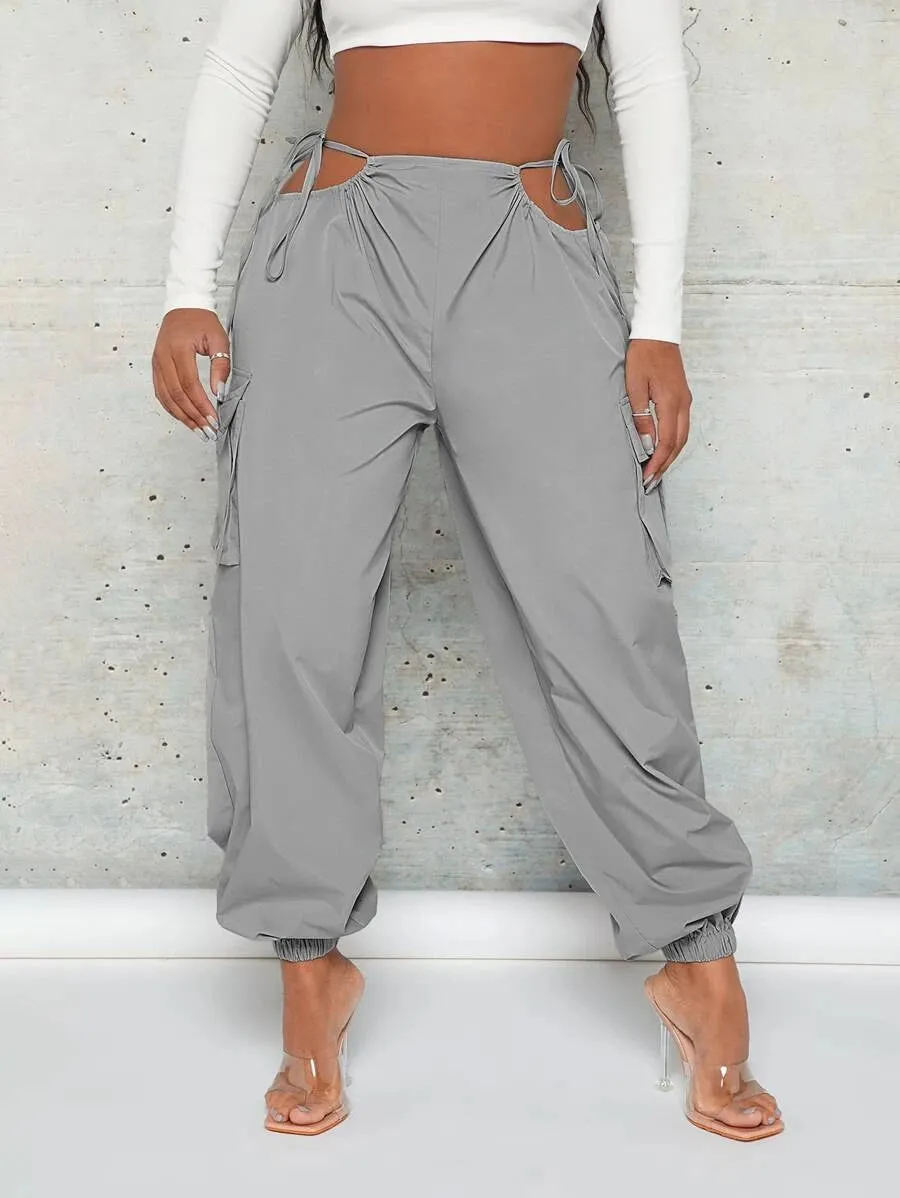 Trendy Cut Out Waist Flap Pocket Cargo Pants