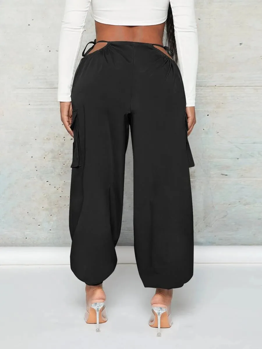 Trendy Cut Out Waist Flap Pocket Cargo Pants