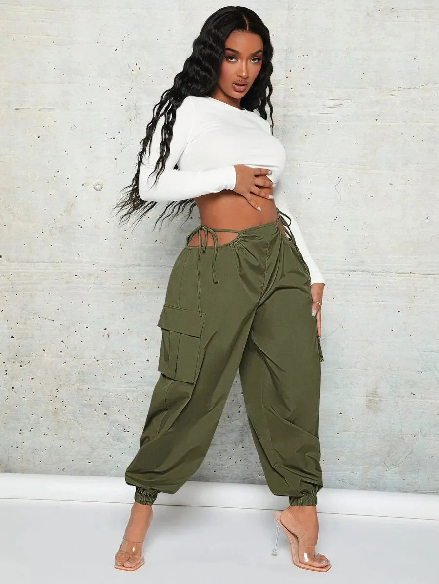 Trendy Cut Out Waist Flap Pocket Cargo Pants
