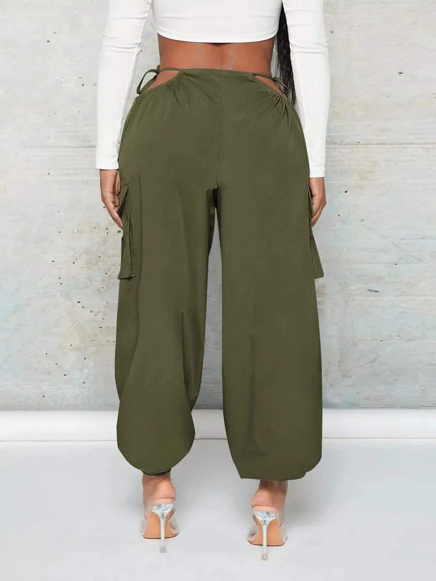 Trendy Cut Out Waist Flap Pocket Cargo Pants