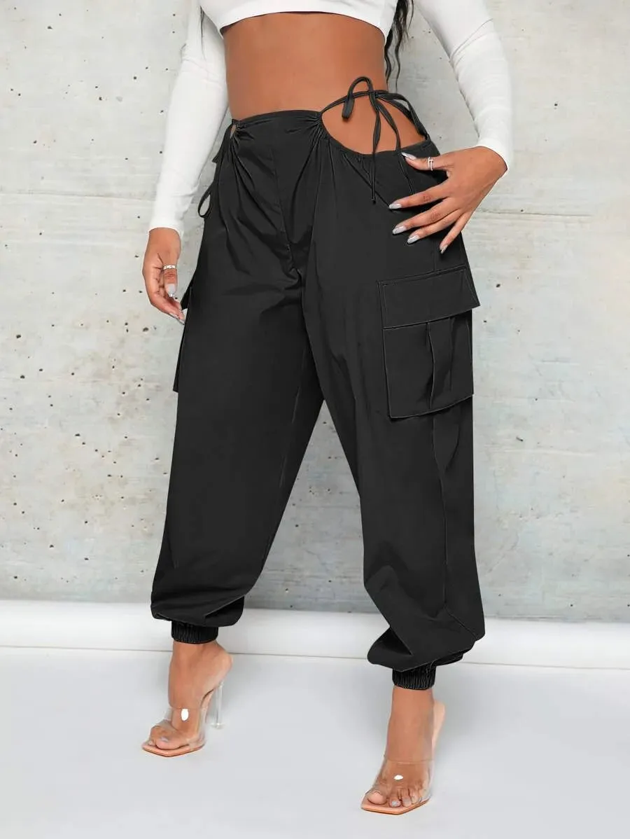 Trendy Cut Out Waist Flap Pocket Cargo Pants