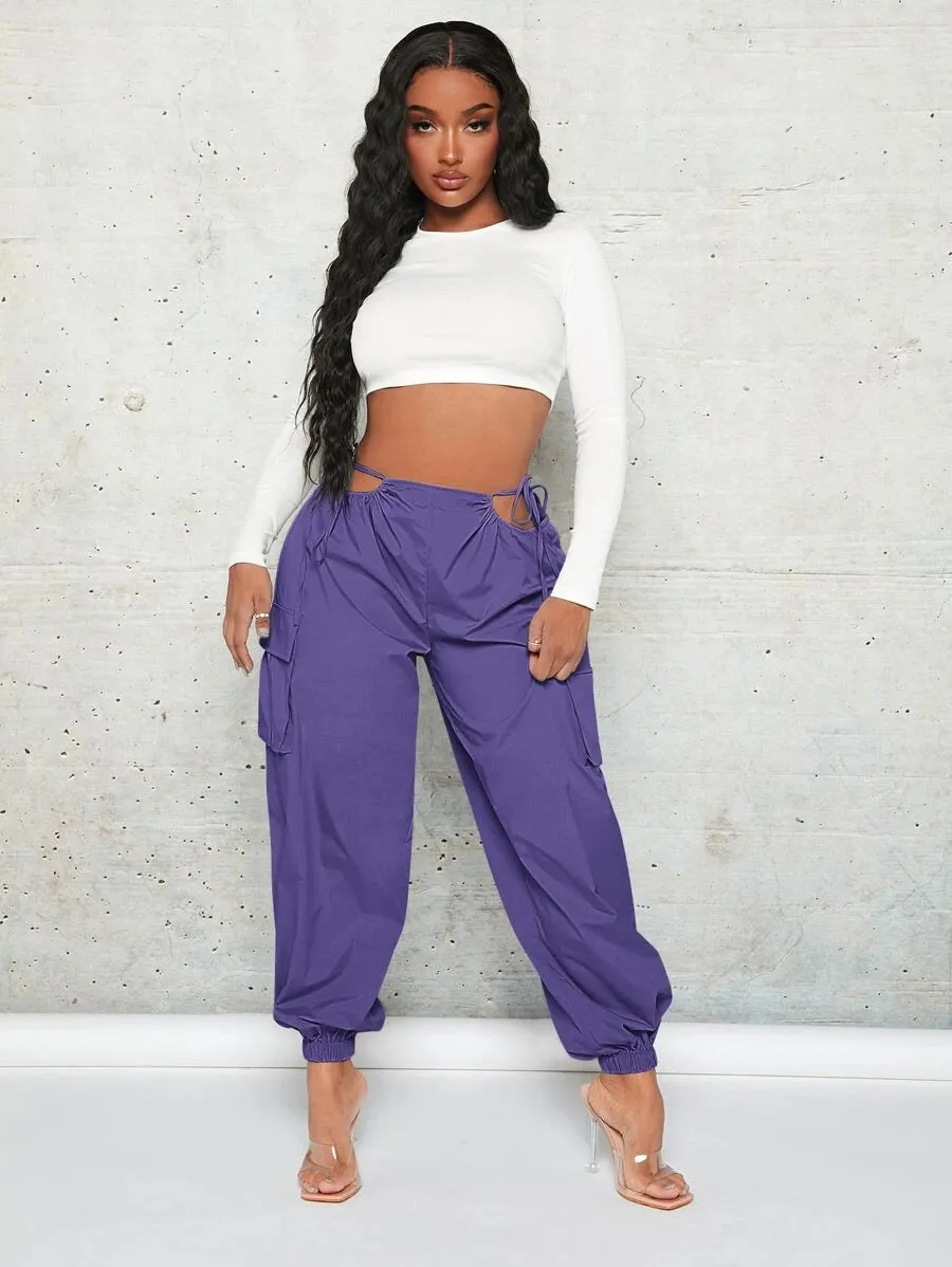 Trendy Cut Out Waist Flap Pocket Cargo Pants