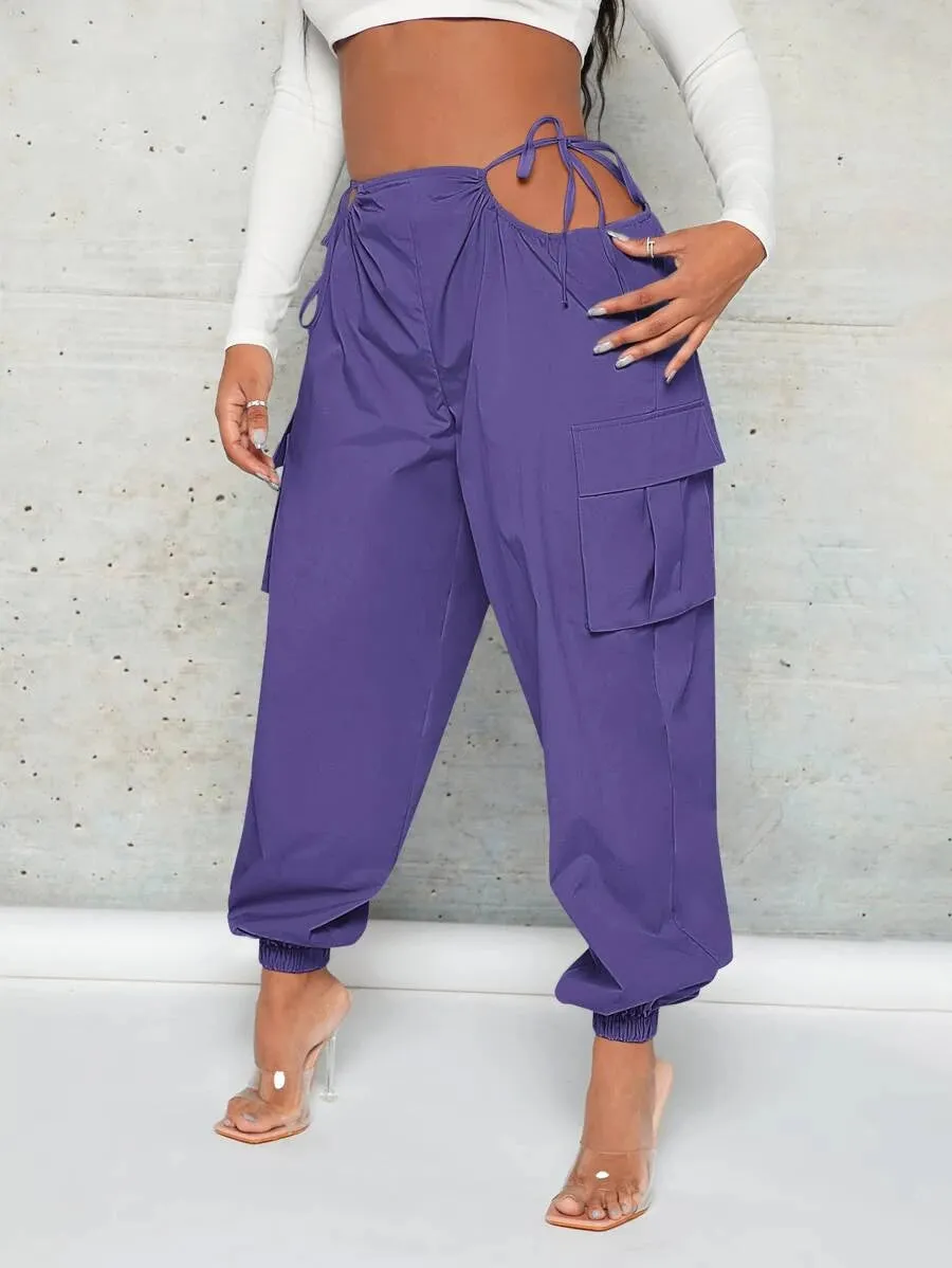 Trendy Cut Out Waist Flap Pocket Cargo Pants