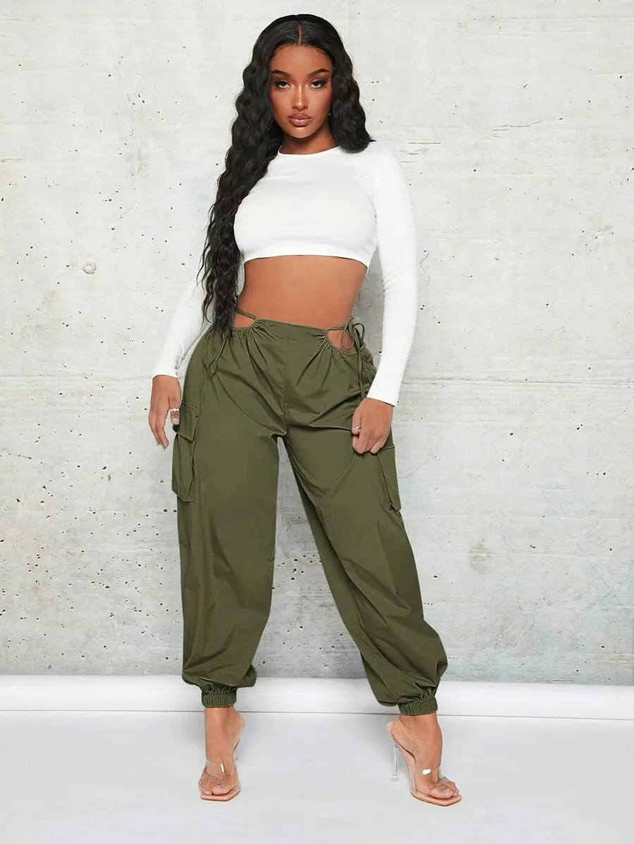 Trendy Cut Out Waist Flap Pocket Cargo Pants
