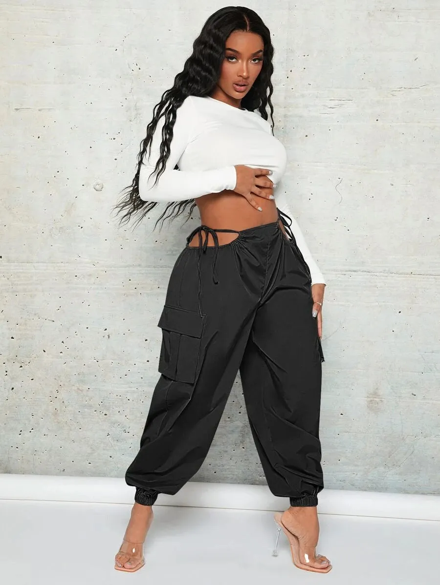 Trendy Cut Out Waist Flap Pocket Cargo Pants