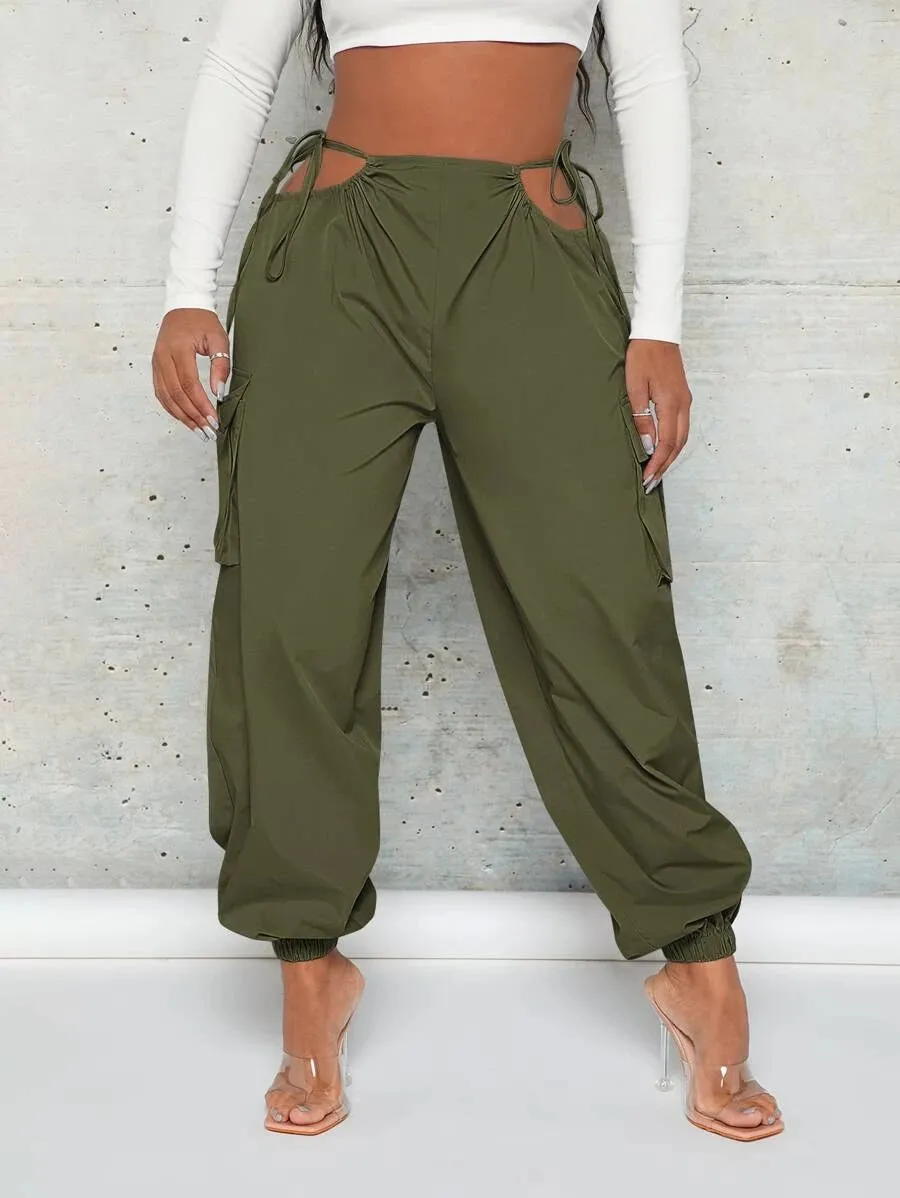 Trendy Cut Out Waist Flap Pocket Cargo Pants