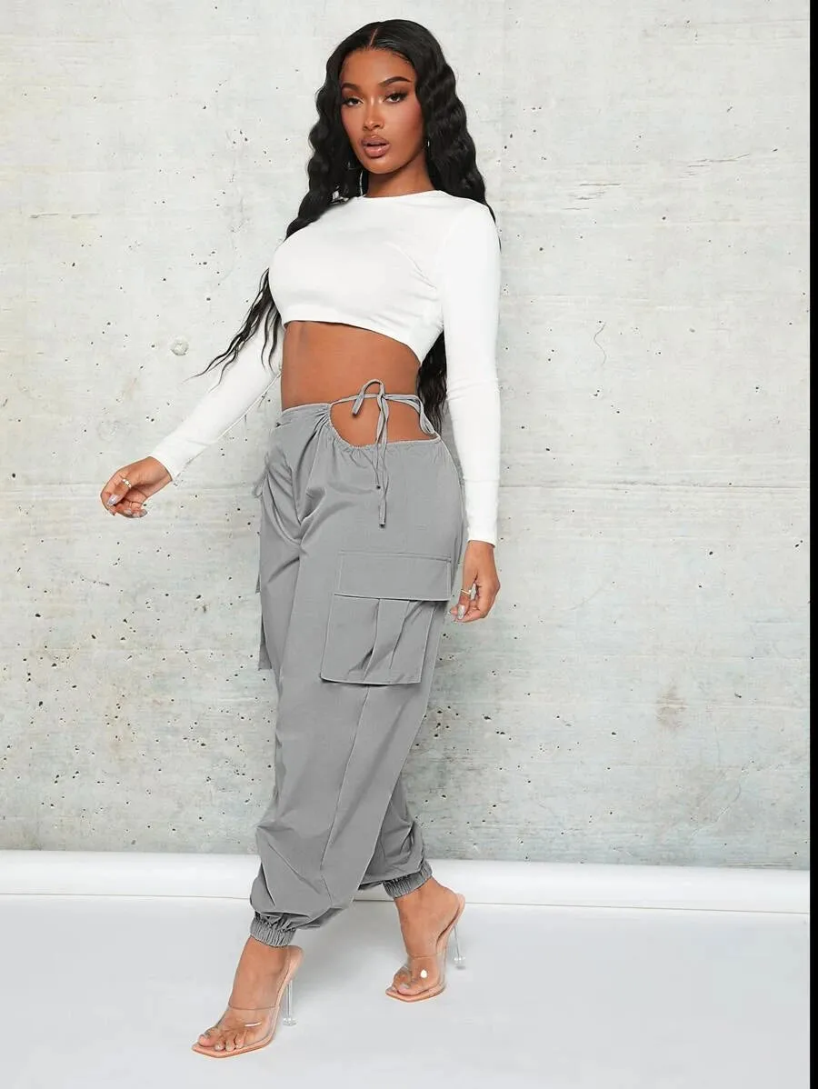 Trendy Cut Out Waist Flap Pocket Cargo Pants