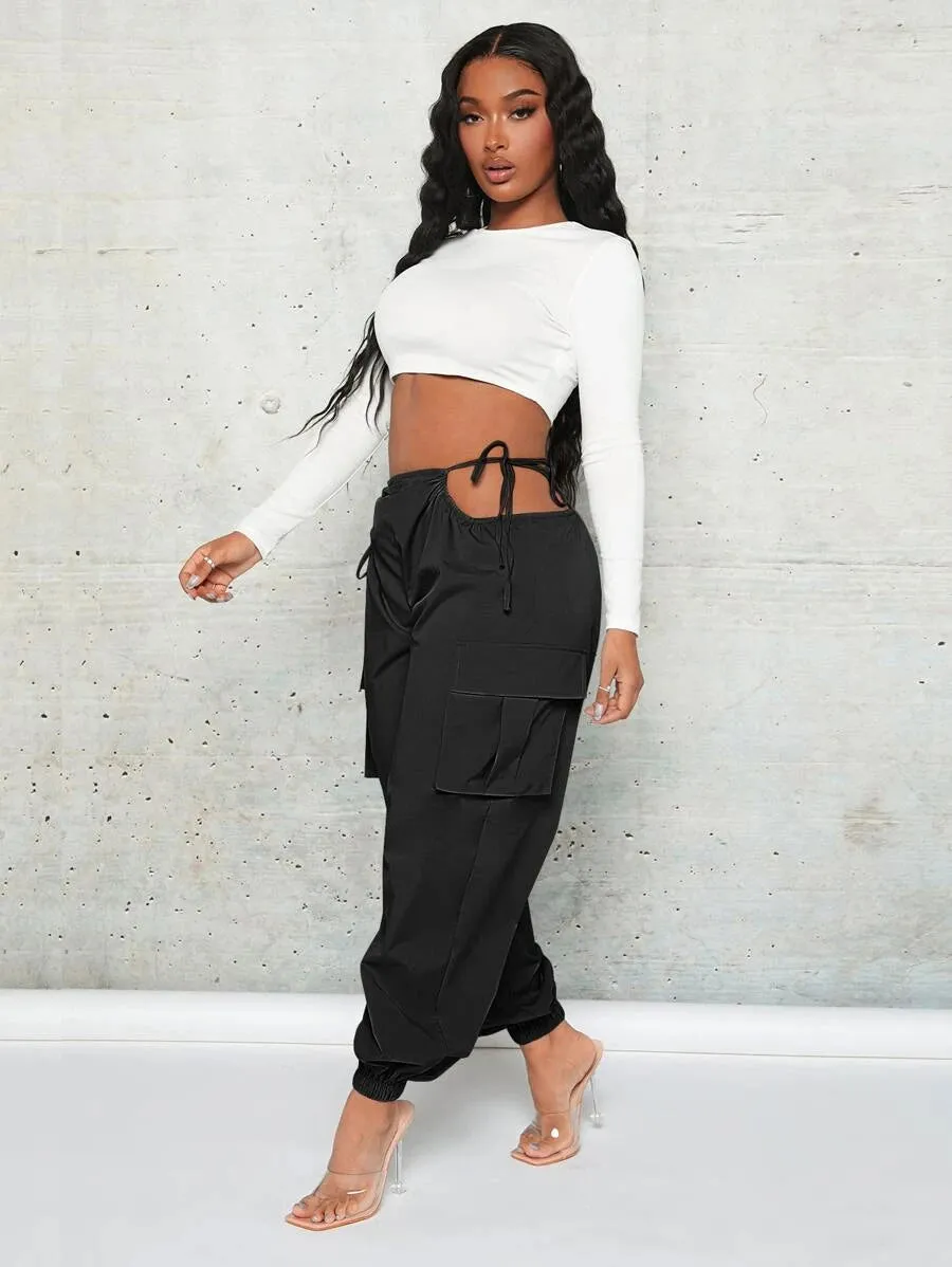Trendy Cut Out Waist Flap Pocket Cargo Pants