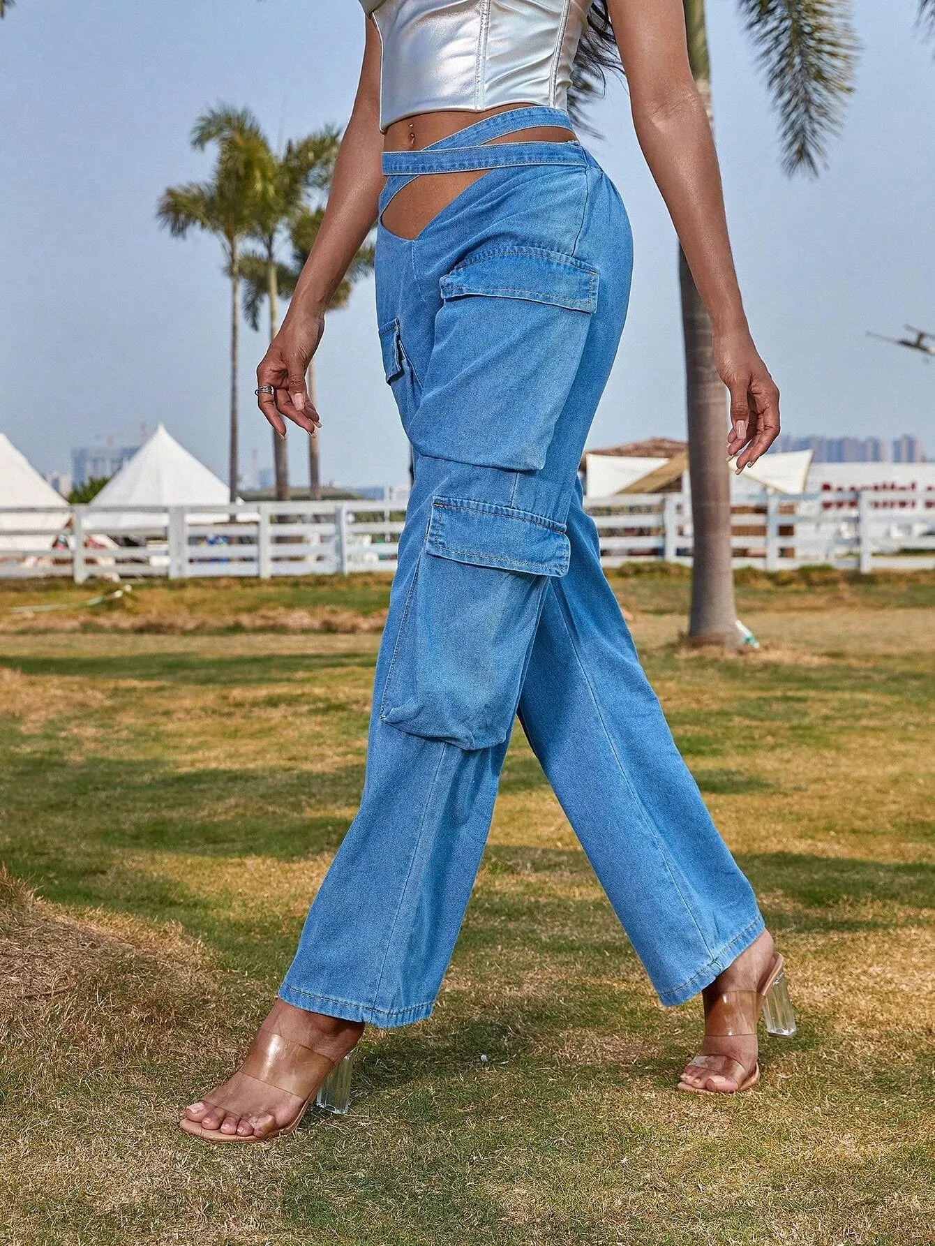 V Flap Pocket Straight Leg Cargo Jeans