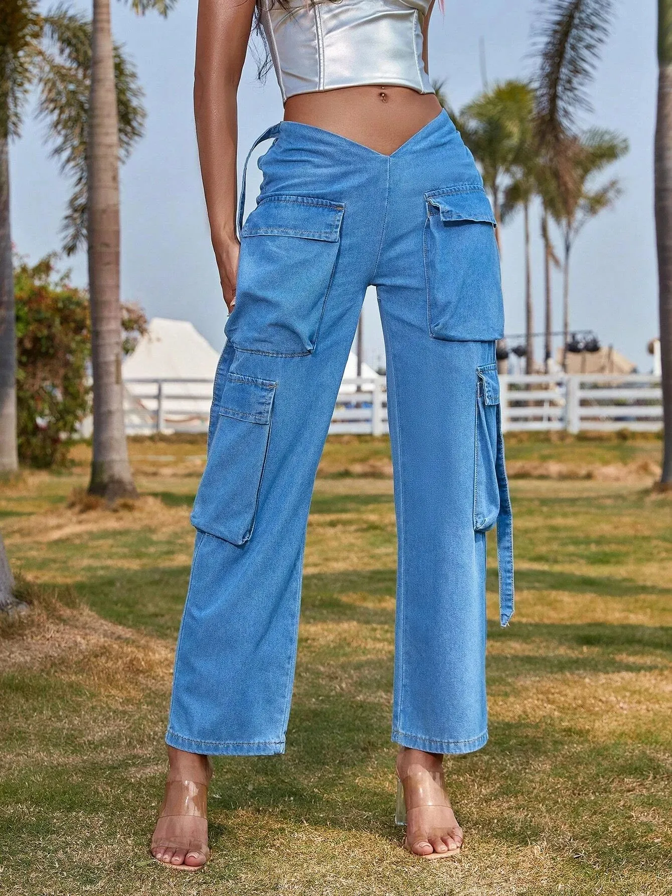 V Flap Pocket Straight Leg Cargo Jeans