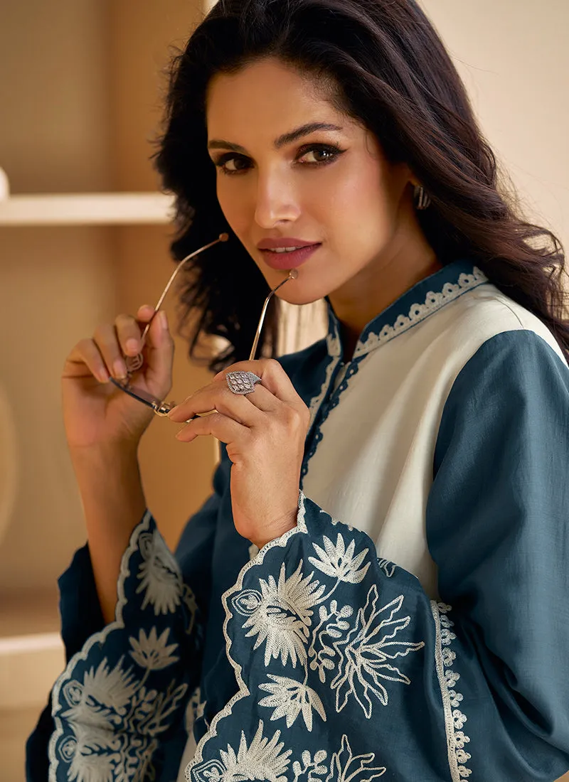 White And Blue Designer Embroidery Co-Ord Set
