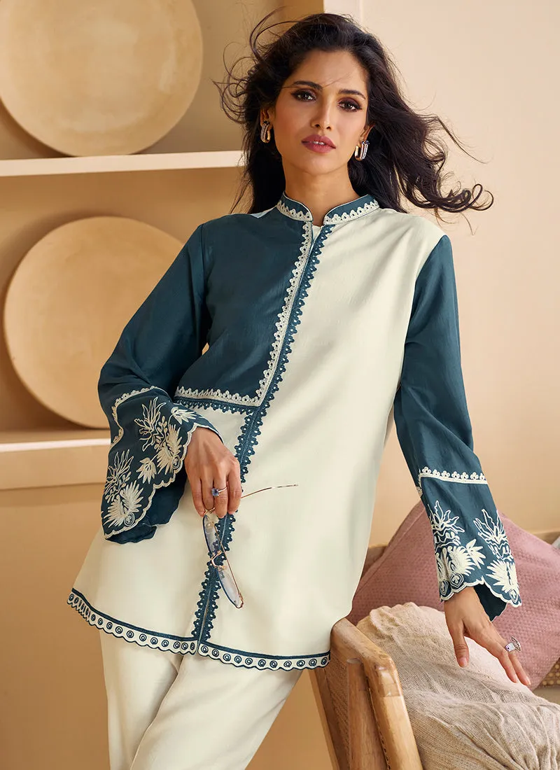 White And Blue Designer Embroidery Co-Ord Set