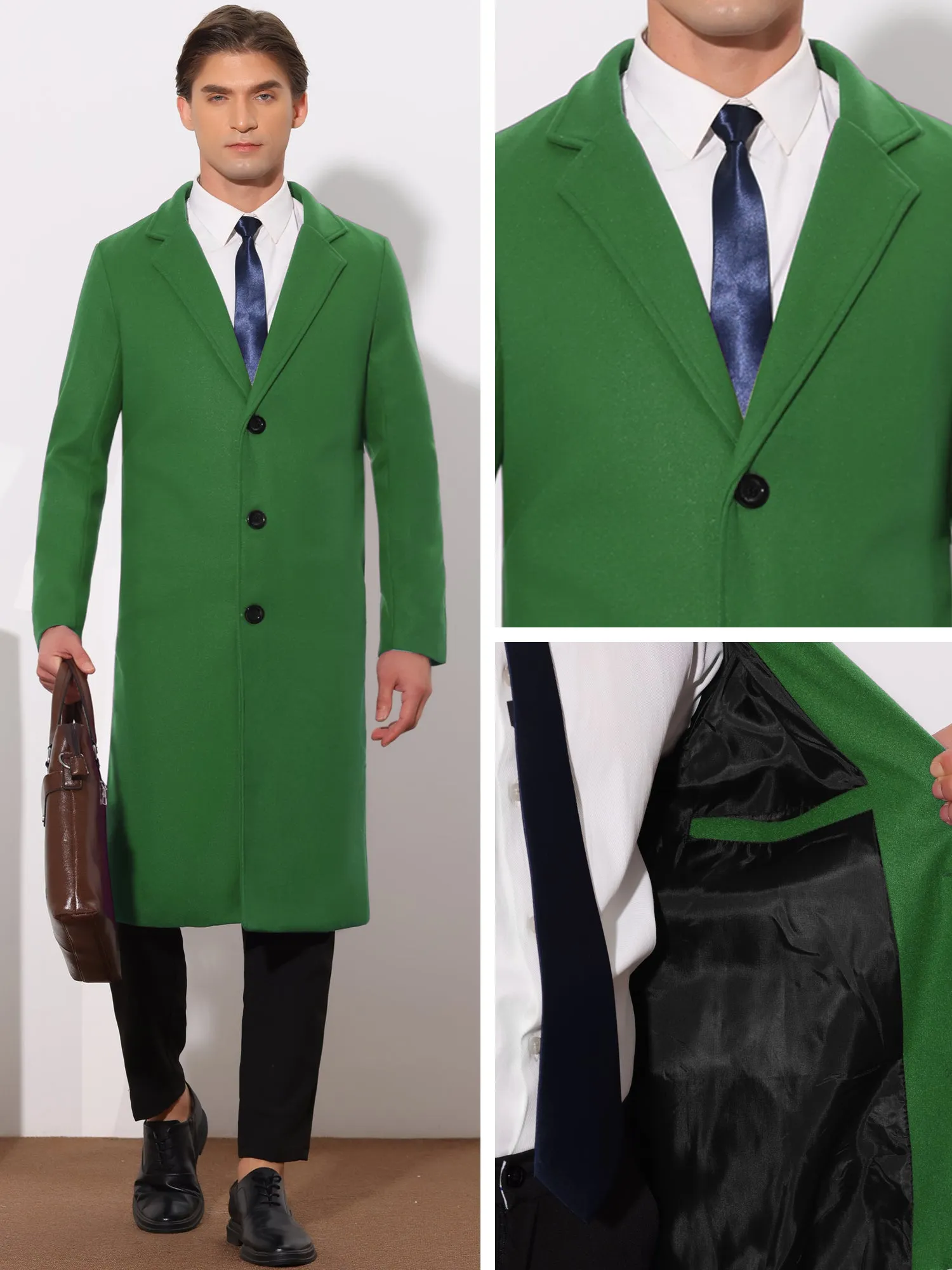 Winter Overcoat for Men's Single Breasted Notch Lapel Formal Trench Coats