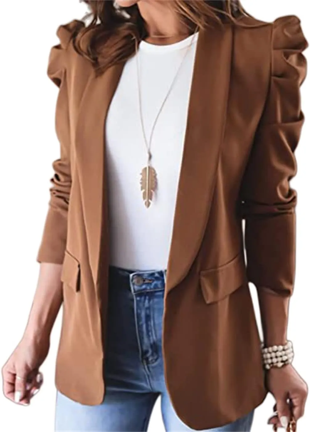 Women's Casual Blazers Puff Sleeve Long Sleeve Lapel Open Front Jackets Work Office Suit Coat with Pockets Cozy Trendy