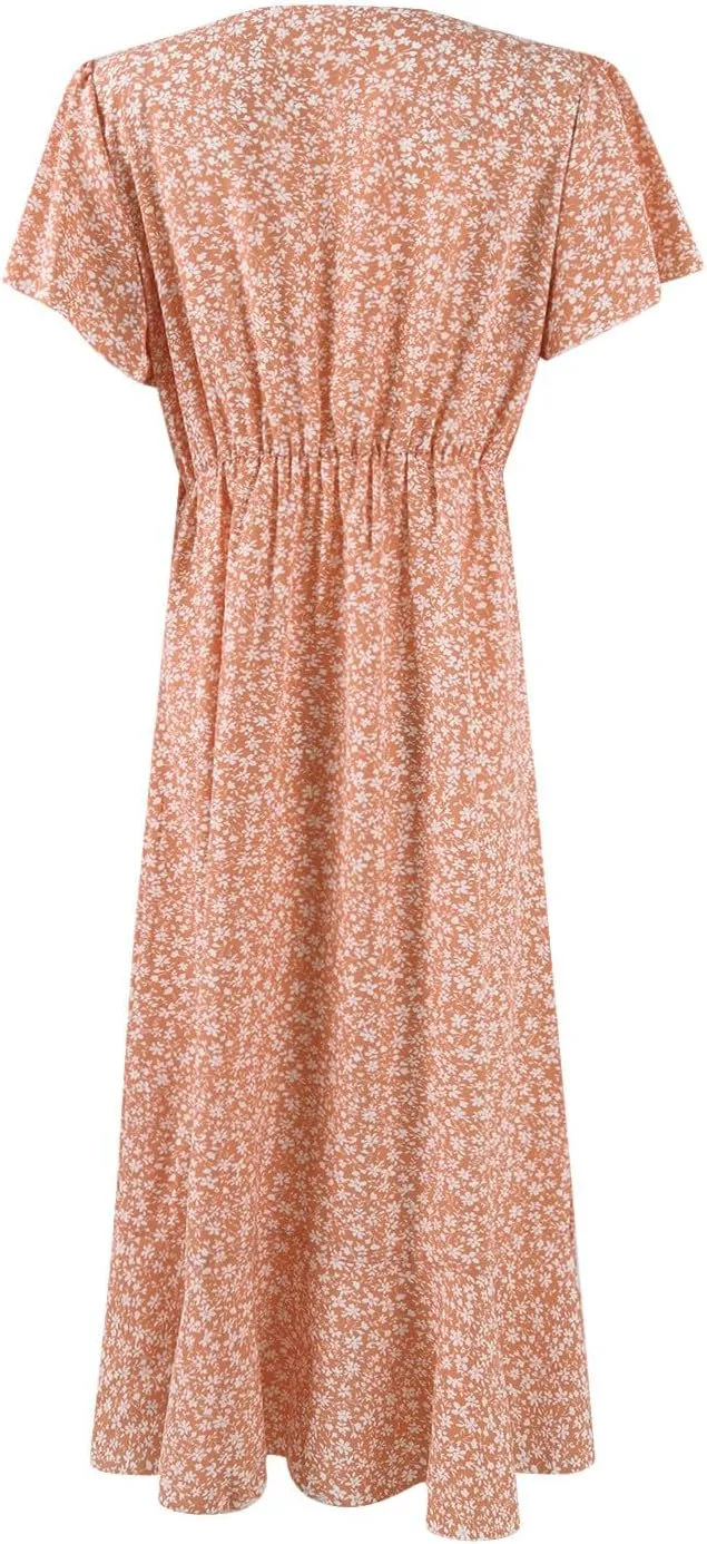Womens Floral Vacation Dresses Casual Waisted Beach Sundresses Hawaiian Flowy V Neck Dress Ladies Trendy Cute Dress