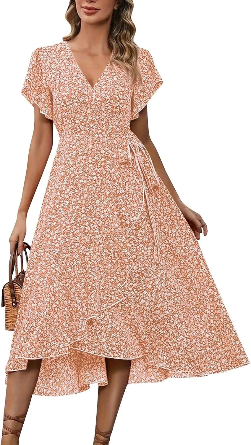 Womens Floral Vacation Dresses Casual Waisted Beach Sundresses Hawaiian Flowy V Neck Dress Ladies Trendy Cute Dress