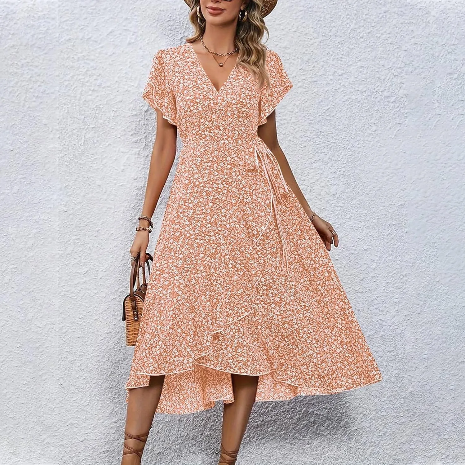 Womens Floral Vacation Dresses Casual Waisted Beach Sundresses Hawaiian Flowy V Neck Dress Ladies Trendy Cute Dress