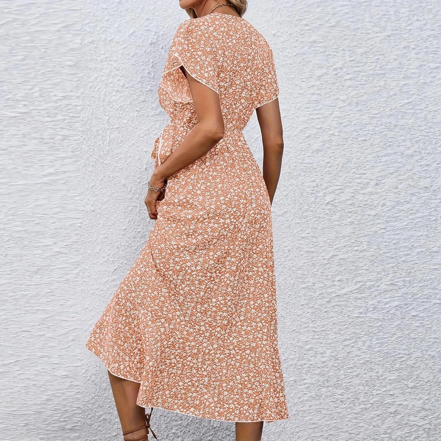 Womens Floral Vacation Dresses Casual Waisted Beach Sundresses Hawaiian Flowy V Neck Dress Ladies Trendy Cute Dress