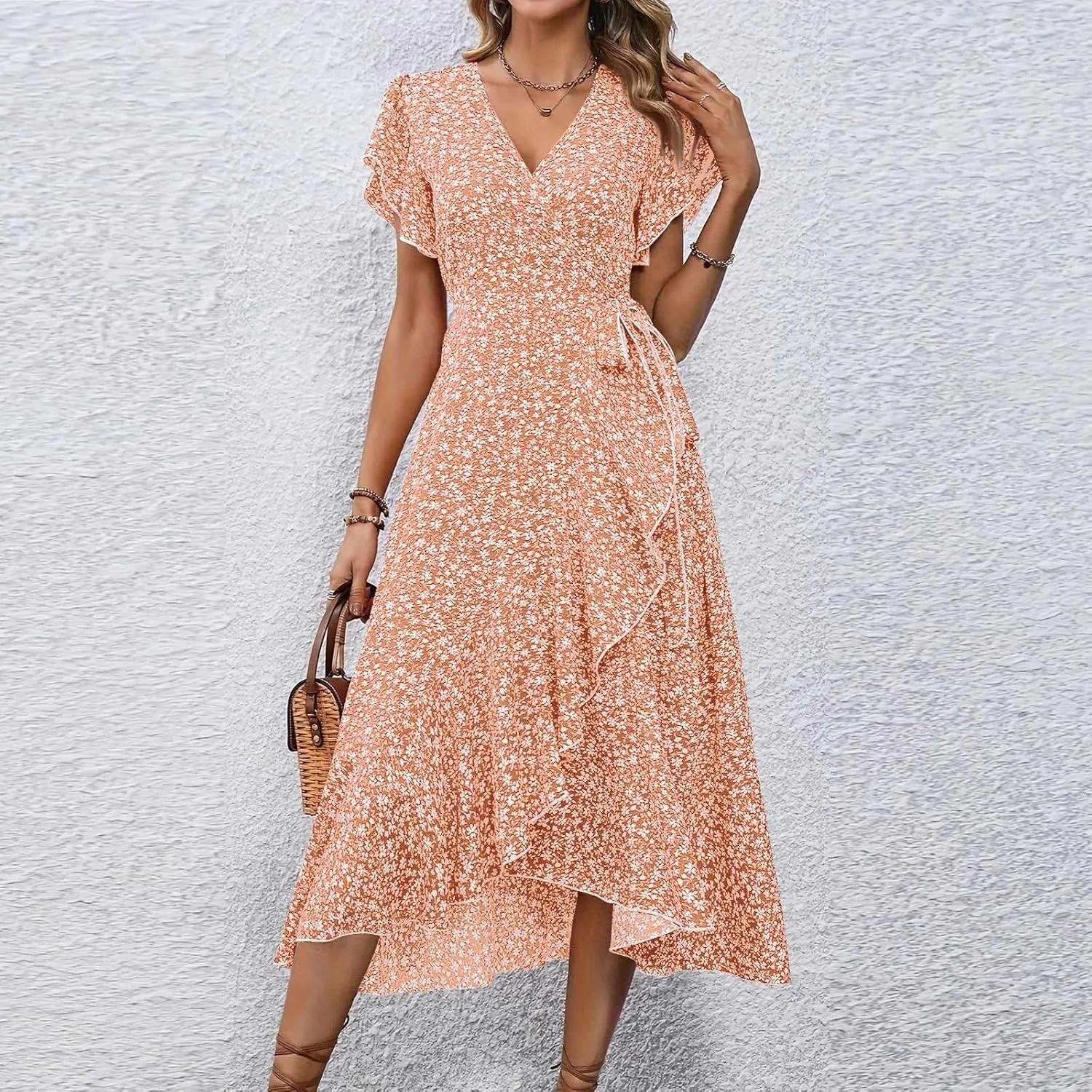 Womens Floral Vacation Dresses Casual Waisted Beach Sundresses Hawaiian Flowy V Neck Dress Ladies Trendy Cute Dress