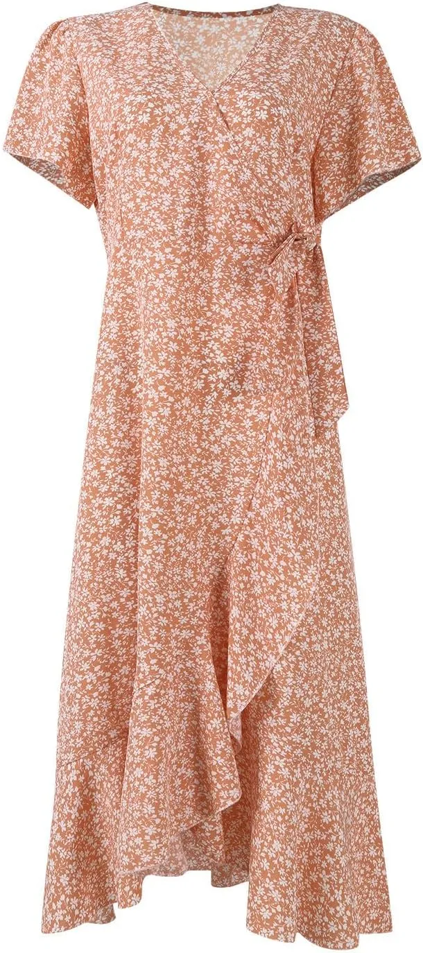 Womens Floral Vacation Dresses Casual Waisted Beach Sundresses Hawaiian Flowy V Neck Dress Ladies Trendy Cute Dress