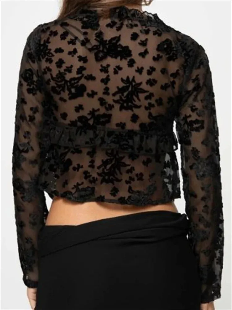 Women's Long Sleeve Front Split Lace Tops See-through Cropped Blouse