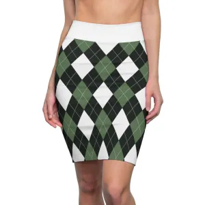 Womens Pencil Skirt, Green and White Argyle Stretch Mini