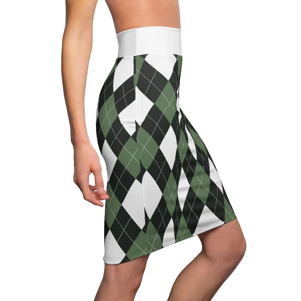 Womens Pencil Skirt, Green and White Argyle Stretch Mini