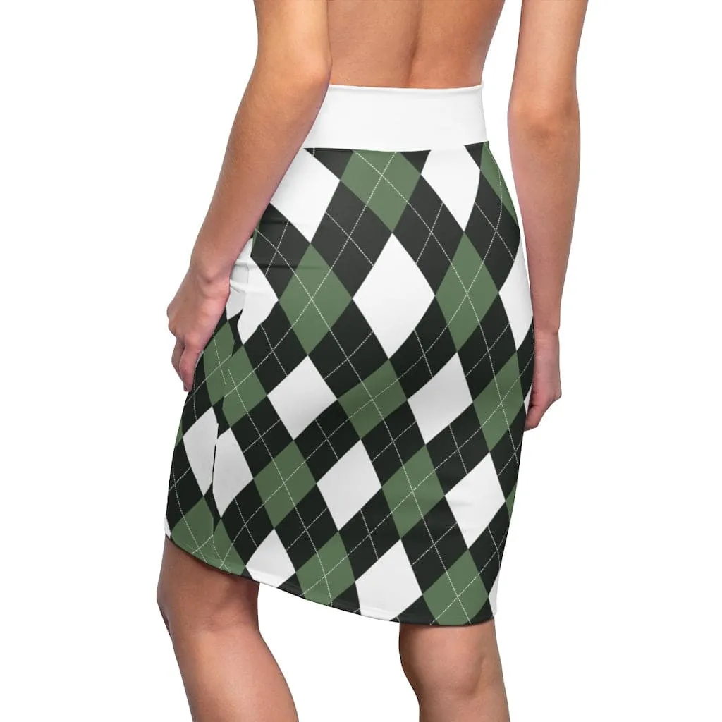 Womens Pencil Skirt, Green and White Argyle Stretch Mini