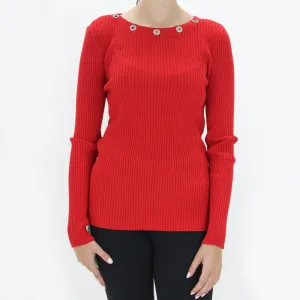 Women's Ribbed Ring Neckline Sweaters,Red