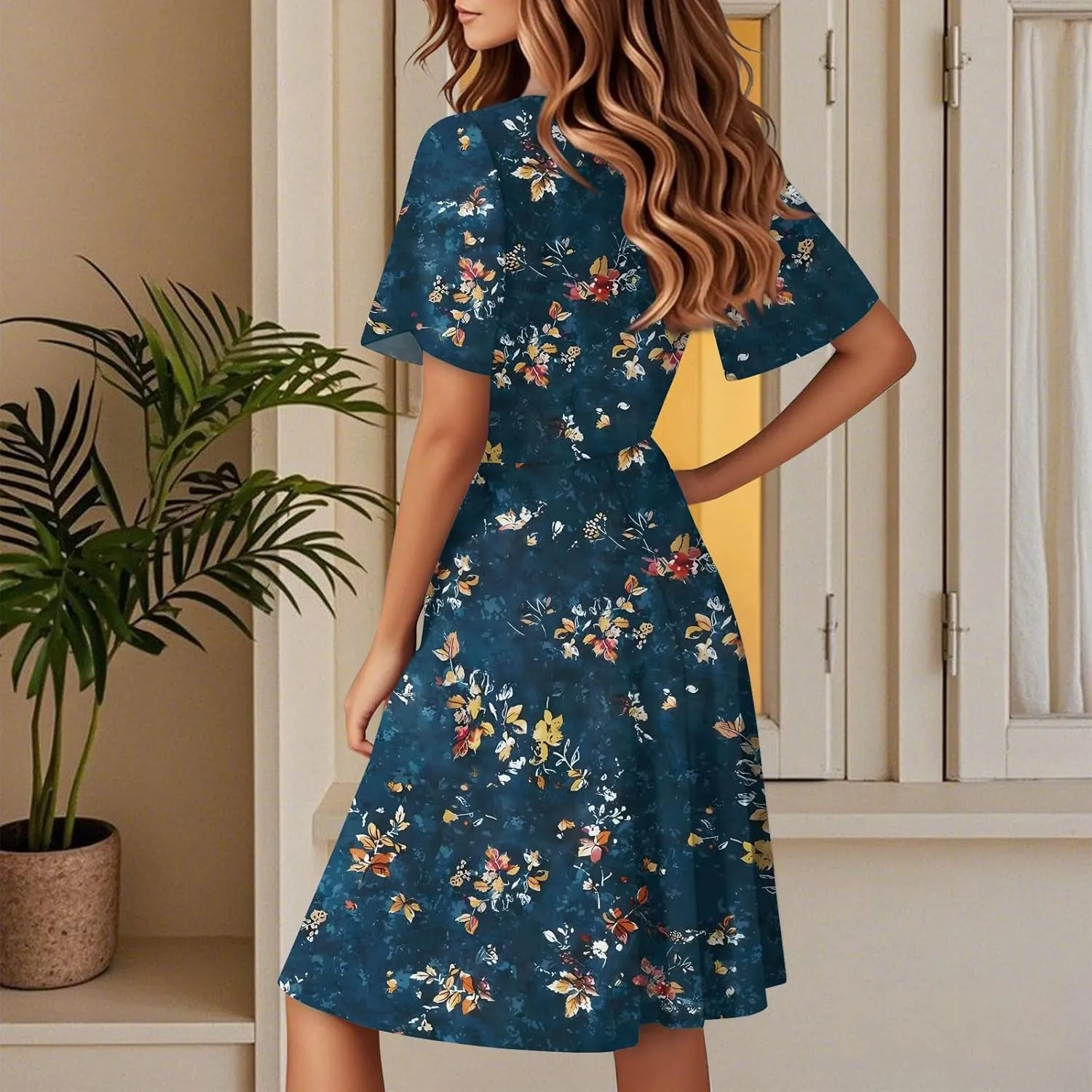 Womens Sundress 2025 Spring Summer Floral Outfits Beach Vacation Clothes Short Sleeve Wrap V Neck A-Line Knee Length Dress