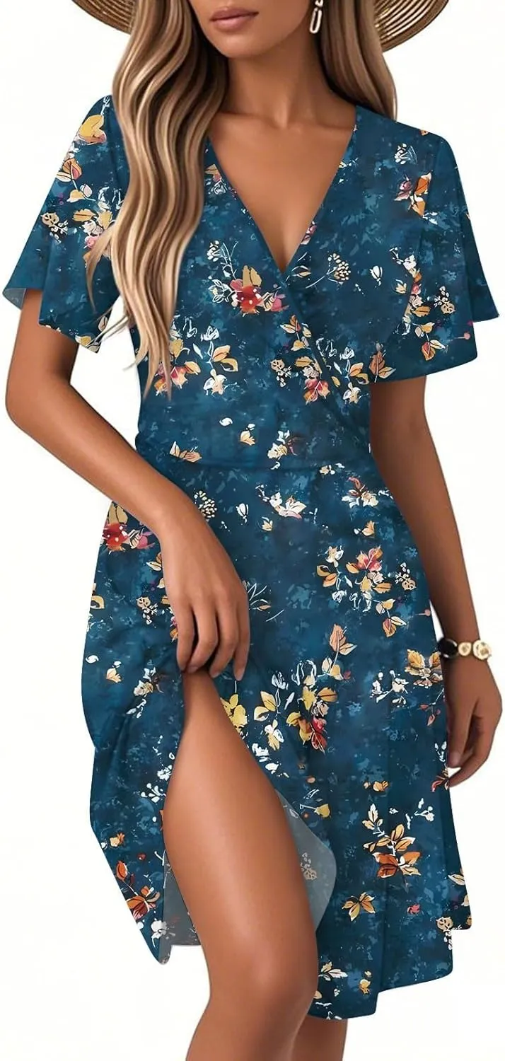 Womens Sundress 2025 Spring Summer Floral Outfits Beach Vacation Clothes Short Sleeve Wrap V Neck A-Line Knee Length Dress
