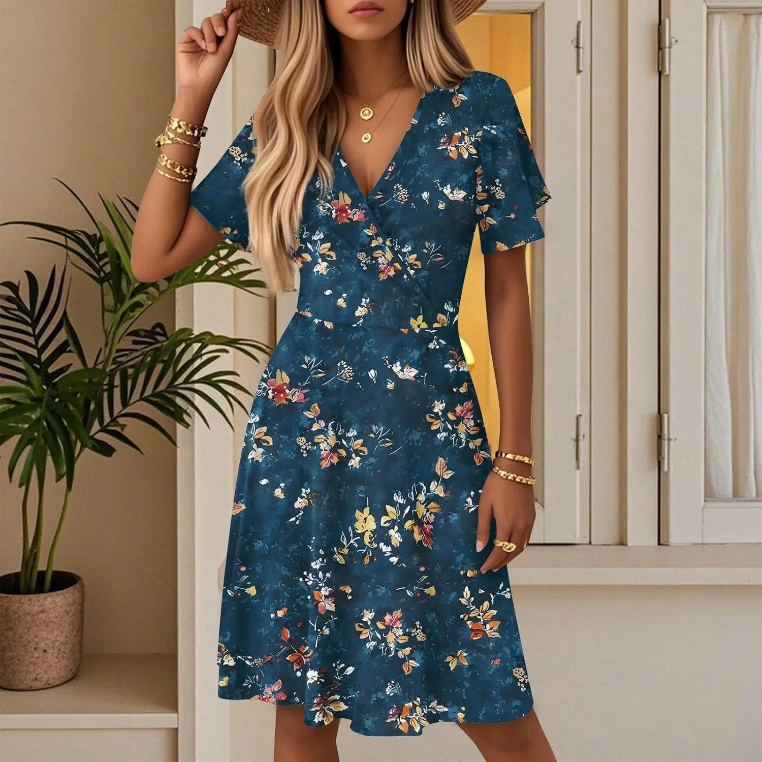 Womens Sundress 2025 Spring Summer Floral Outfits Beach Vacation Clothes Short Sleeve Wrap V Neck A-Line Knee Length Dress