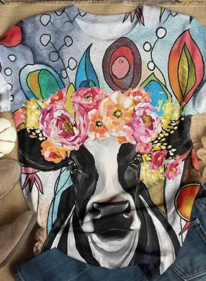 Women's T-shirts Floral Cow Print T-shirt